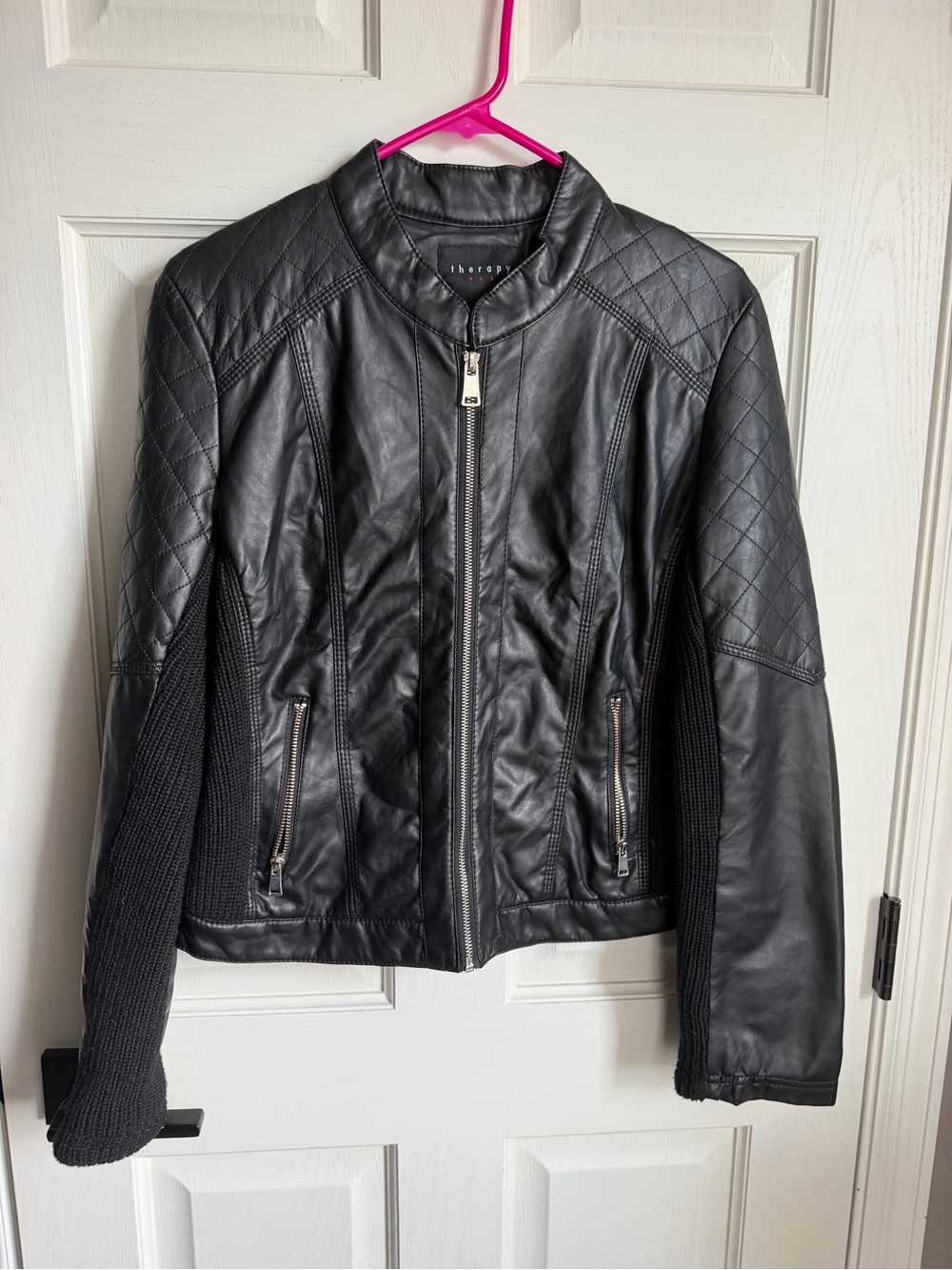 Therapy faux Black Quilted Leather Moto Jacket with Knit Panels
